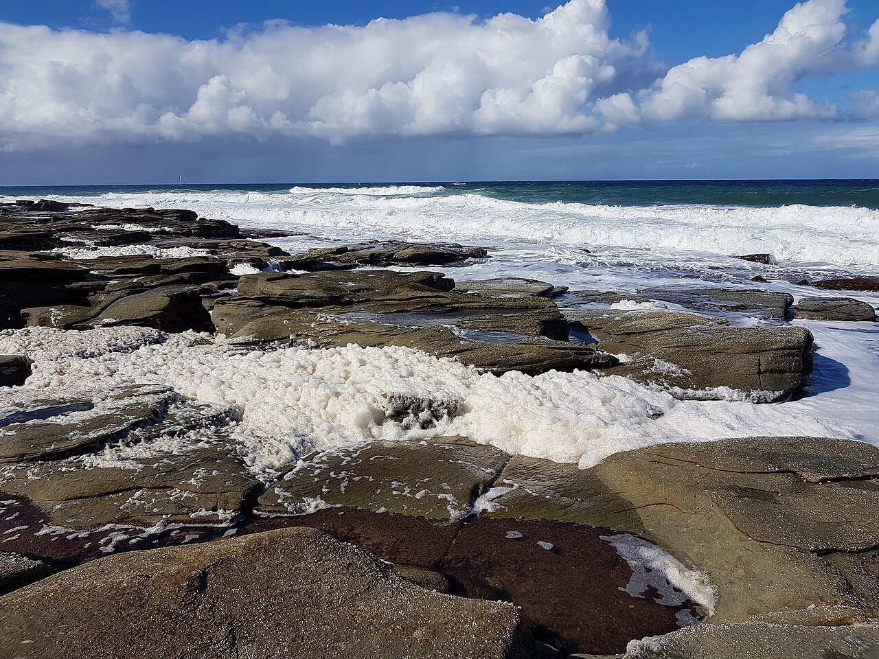 Sea foam gathered among rock shelves beside breaking ocean waves