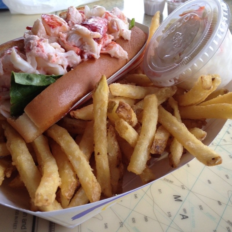 A Maine lobster roll and fries photographed at Beal's Lobster Pier; not a photograph of the Get Maine Lobster kit