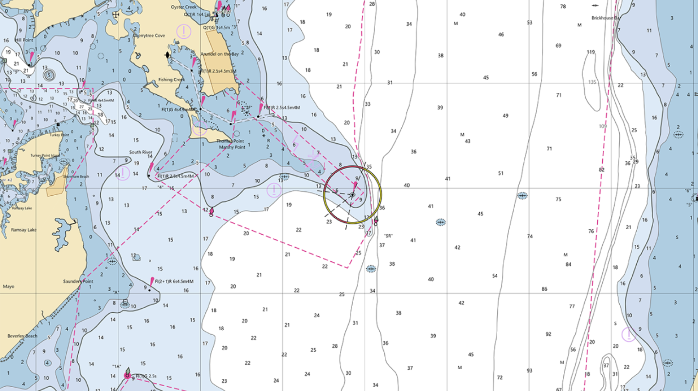 NOAA nautical chart showing water depths, channels, shoreline and navigation markings in Chesapeake Bay