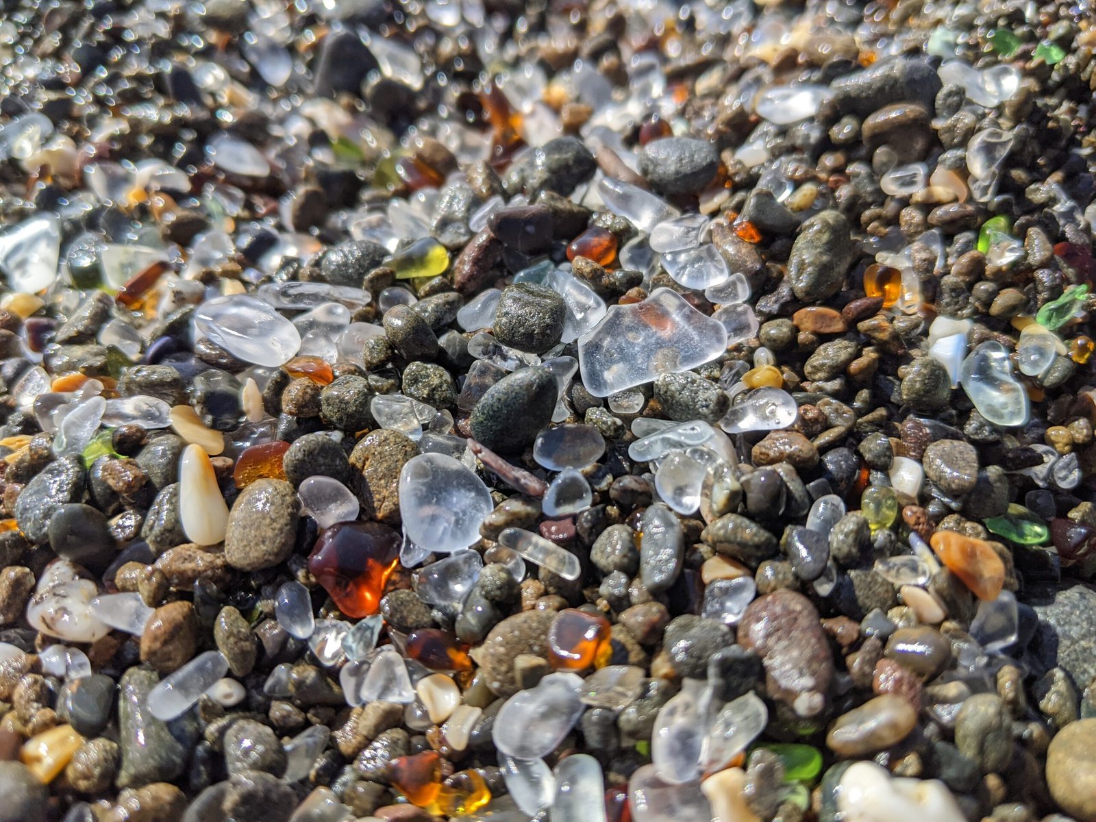 Clear and amber pieces of surf-tumbled sea glass lying among wet pebbles on a beach