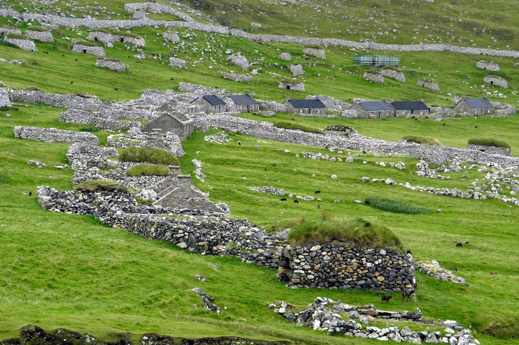 Stone ruins and green slopes at Village Bay on Hirta in the St Kilda archipelago